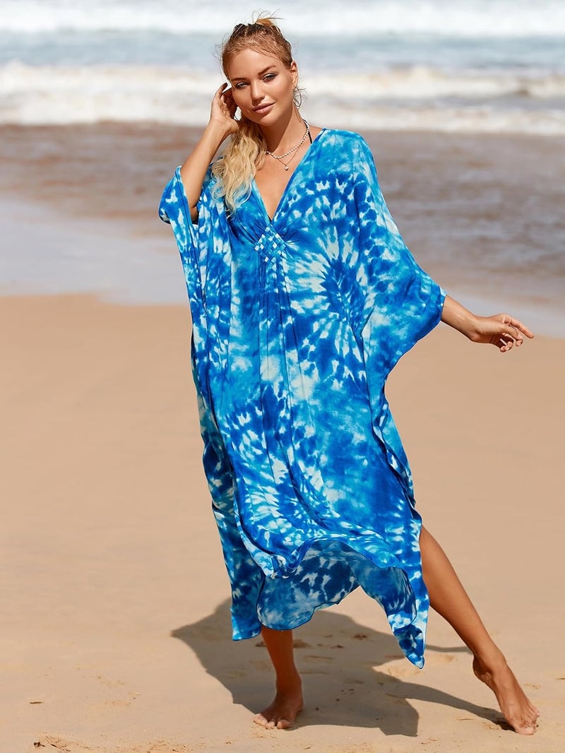 IMAGEKOPE Women's Plus Size Animal Print V-Neck Batwing Kaftan Beach Dress Bathing Suit Cover-Up Loungewear - Image 3